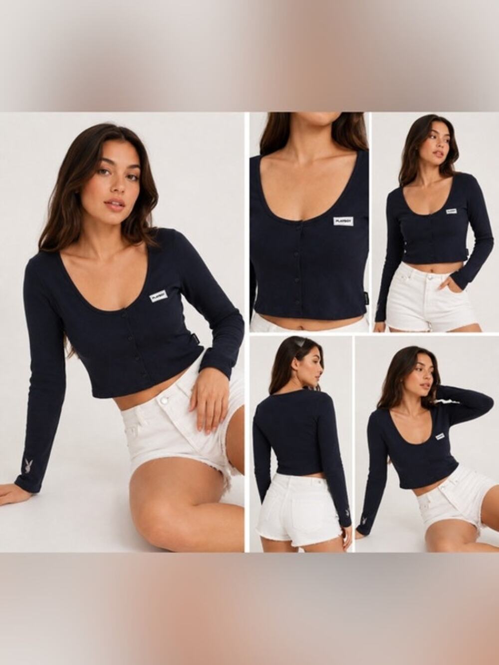 Playboy x Missguided Top Size 10 Blue Long Sleeve Ribbed Crop Top Y2K Sexy Logo